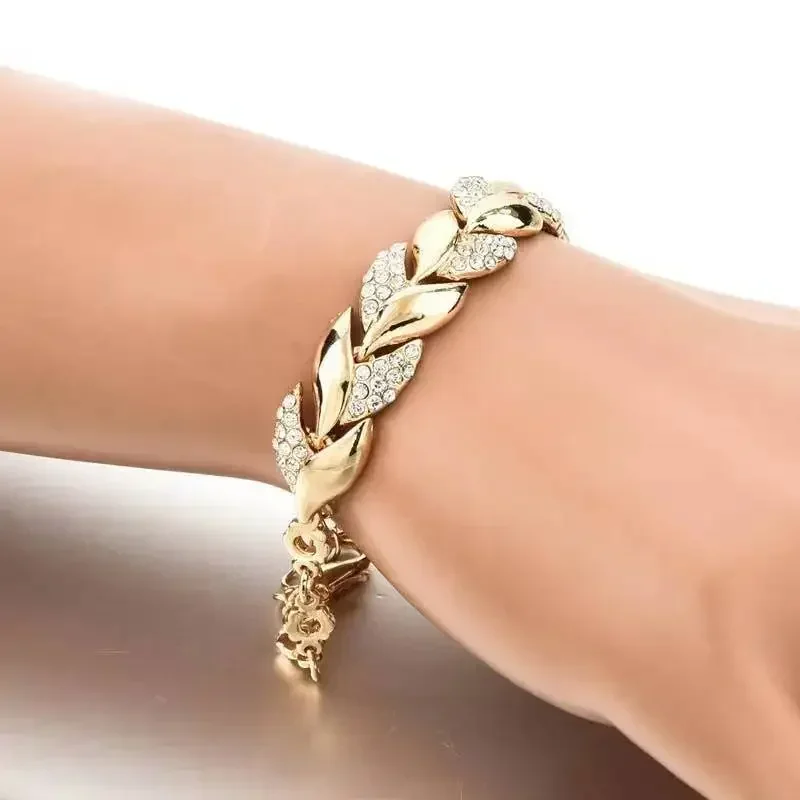 Luxury Love Braided Leaf Bracelet Charm Crystal Wedding Bracelets for Women Anniversary Valentines Day Gifts Aesthetic Jewelry