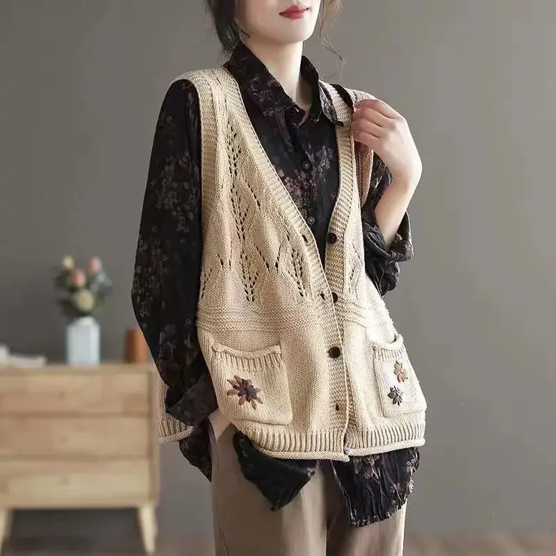 Knitted cardigan vest waistcoat summer and autumn embroidery pocket vintage art cut-out sleeveless cardigan sweater vest female