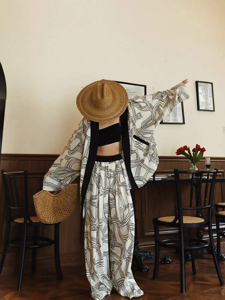TIYIHAILEY Wide Leg Long Pants For Women Trousers Elastic High Waist Casual Printed Ladies Long Sleeve Outerwear 2Pcs Sets 2026