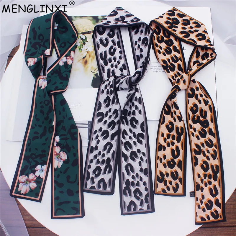 2024 New Leopard Print Scarf Women Scarf Skinny Silk Scarf Small Handle Bag Ribbons Female Neckerchief Head Scarves & Wraps