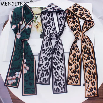 Lenço com estampa leopardo feminino, cachecol de seda magro com alça pequena, lenço feminino, lenço de cabeça e envoltórios, novo, 2022