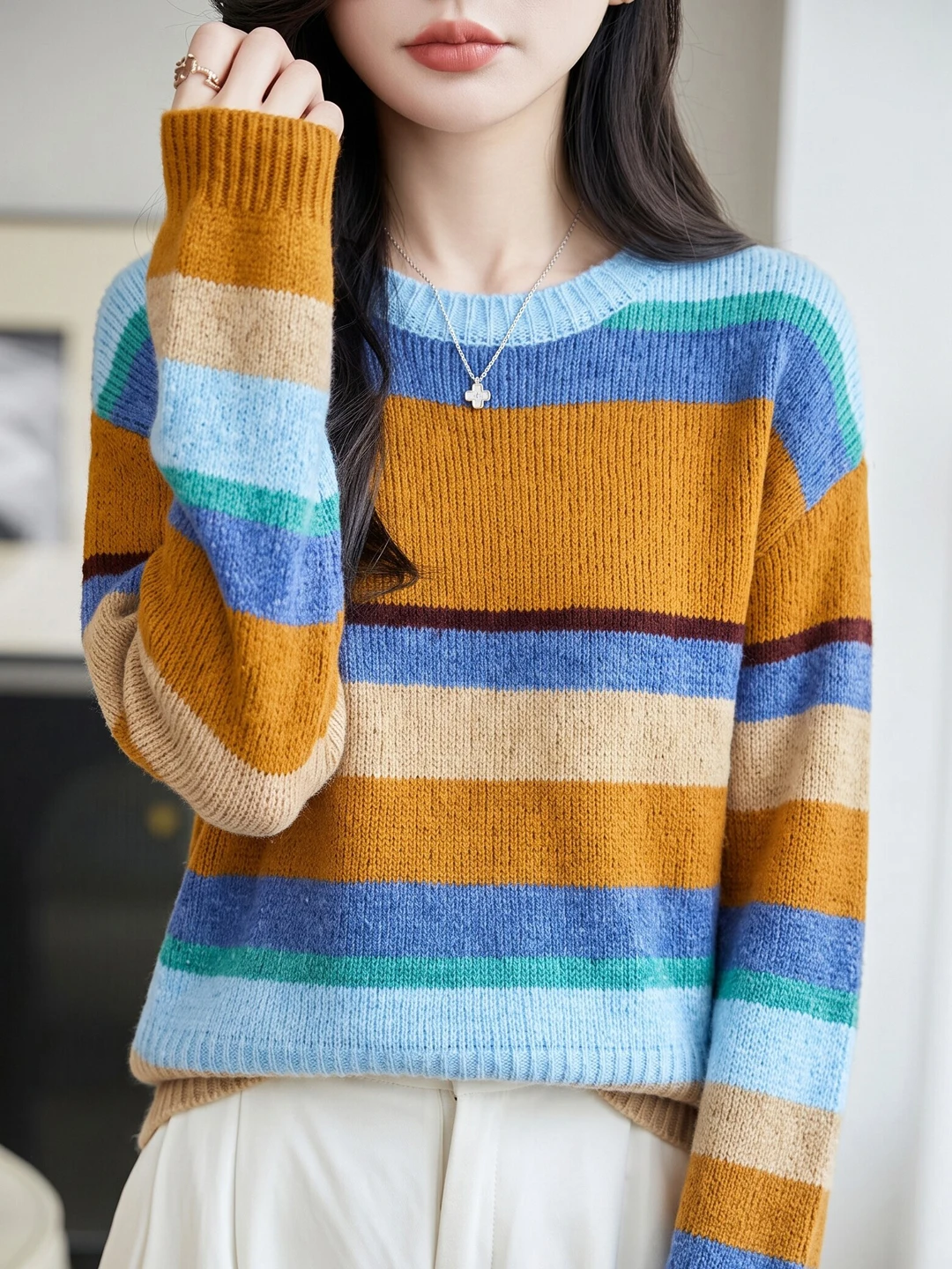 Rainbow Stripes Knitted Sweater Women's round Neck Loose Slim Fit Overhead Orange Sunset Versatile Women's Fashion Top