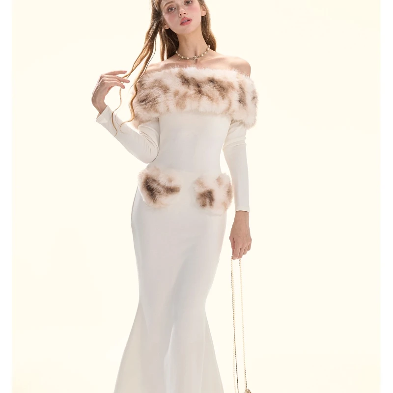 

Winter New White Tie-Dye Leopard Print Fur Splicing Off-Shoulder Women's Dress French Retro Design Slimming Long Dresses Ladies