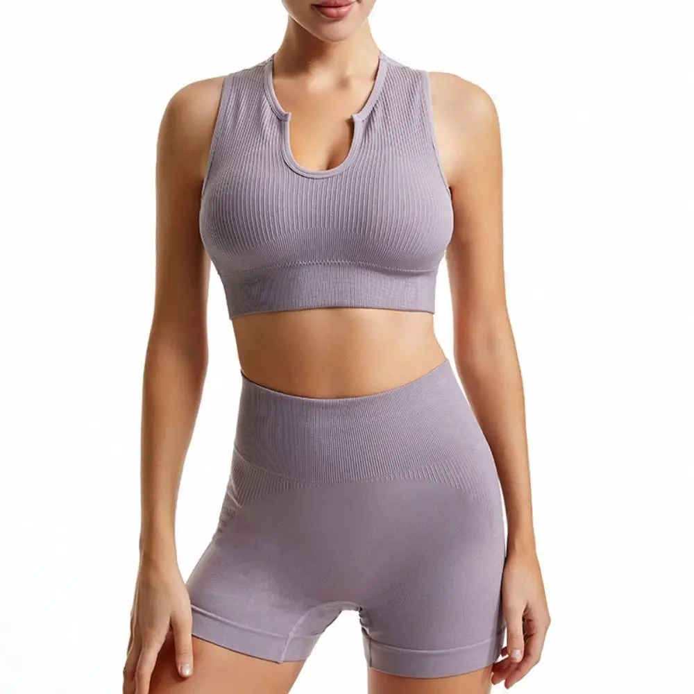 Nylon Women Yoga Suit Rib-Knit Stretchable Workout Bra Shorts Set Breathable Comfortable Suspenders Shorts Suit Fitness Wear