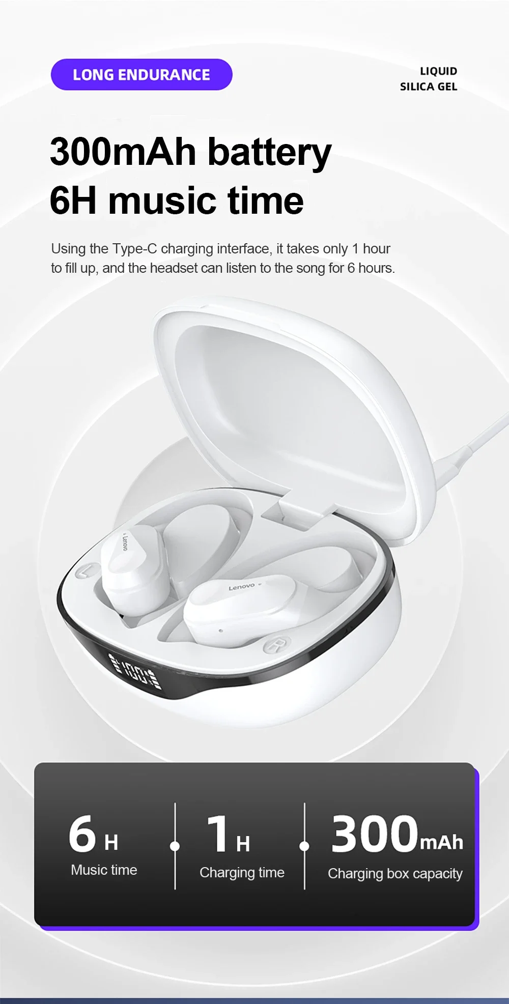 Lenovo LP75 Bluetooth-Headset, Sicherer Ohrbügel, Kabellose Ohrhörer, LED-Batterieanzeige, Ergonomisches Design, Kopfhörer für Outdoor-Aktivitäten – Detail 14