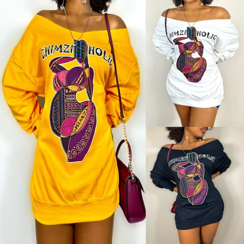 

Autumn And Winter 2022 Large Women's Printed Off Shoulder Medium Length Loose Long Sleeved Sweater