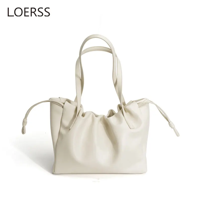 LOERSS  Leather Women Tote Bag Cowhide Shoulder Bag French Drawstring Handbag Pleated Fashion Crossbody Bag Casual Female Bag