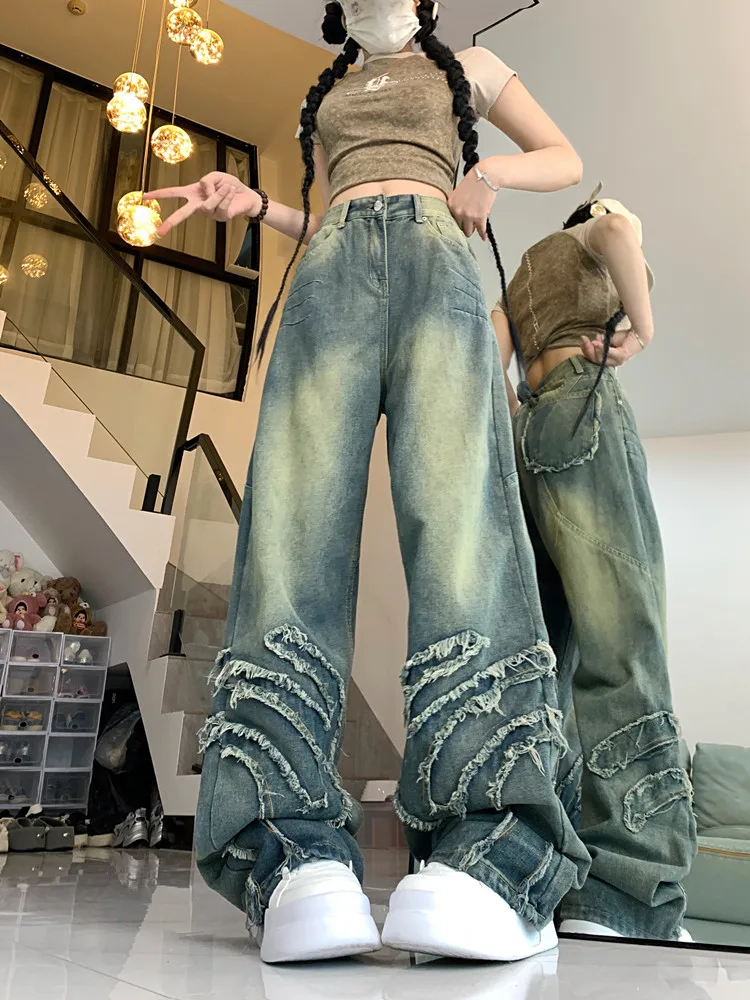 Wide Leg Jeans Women Elegant Casual Korean Fashion Style High Waist Daily Retro Washed Vintage Chic Hip Hop Trousers Y2k