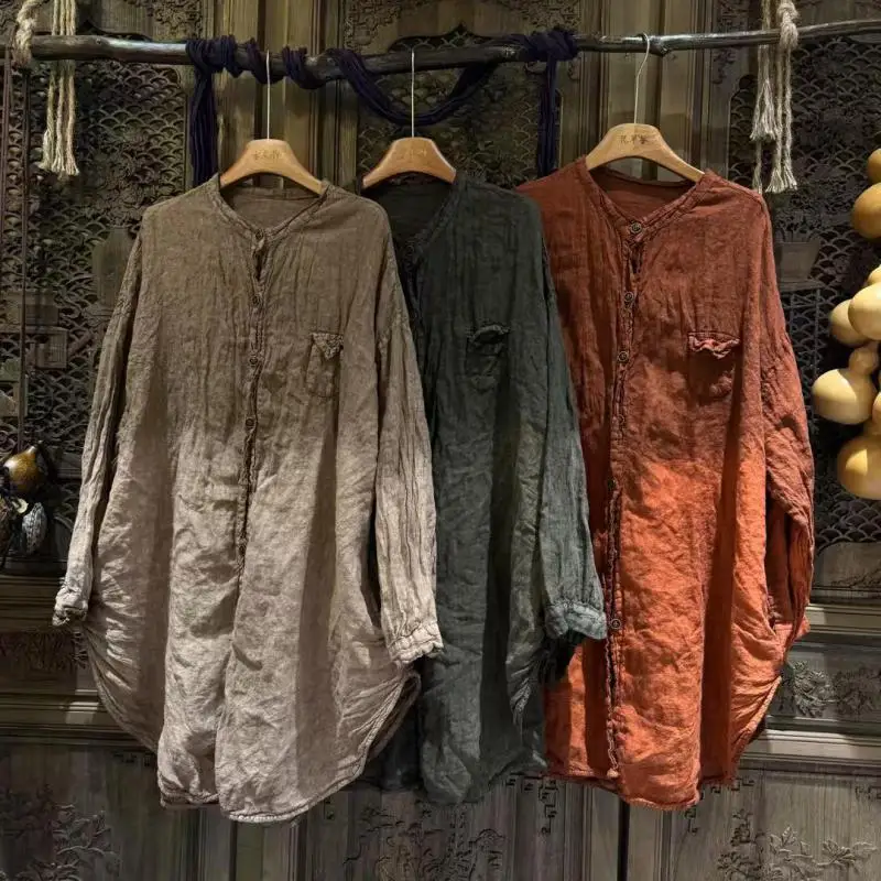 الربيع الصيف الفنون نمط المرأة واحدة الصدر فضفاضة منتصف طول بلوزة خمر التعادل صبغ الكتان س الرقبة قمصان غير رسمية نوعية جيدة #4