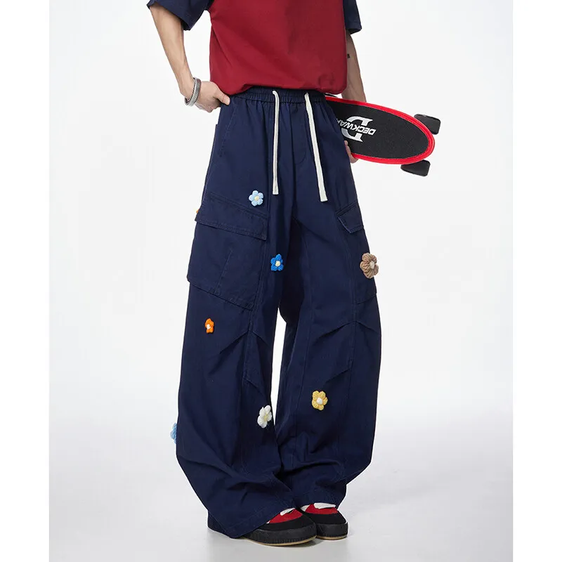 100% سراويل البضائع القطنية خمر الزهور الجيش الأخضر الفضفاضة Y2k Harajuku Sweatpants ملابس العمل الكورية السراويل للجنسين ركض الملابس