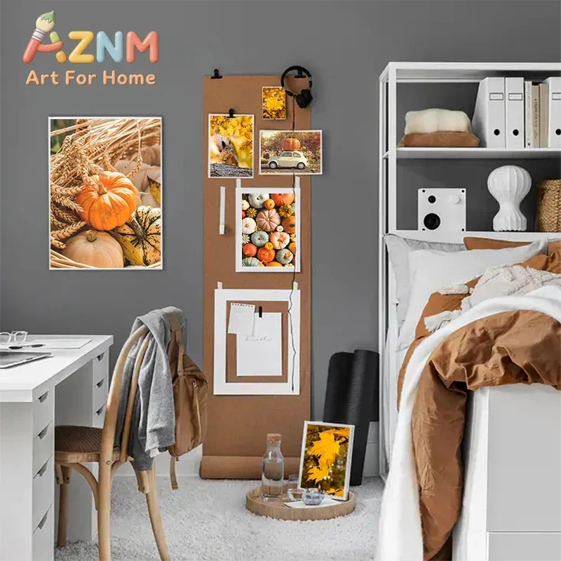 AZNM Autumn Fall Pumpkin Maple Leaf Canvas Wall Art Frameless Canvas Print Forest Squirrel Nature Scenery Poster for Home Living