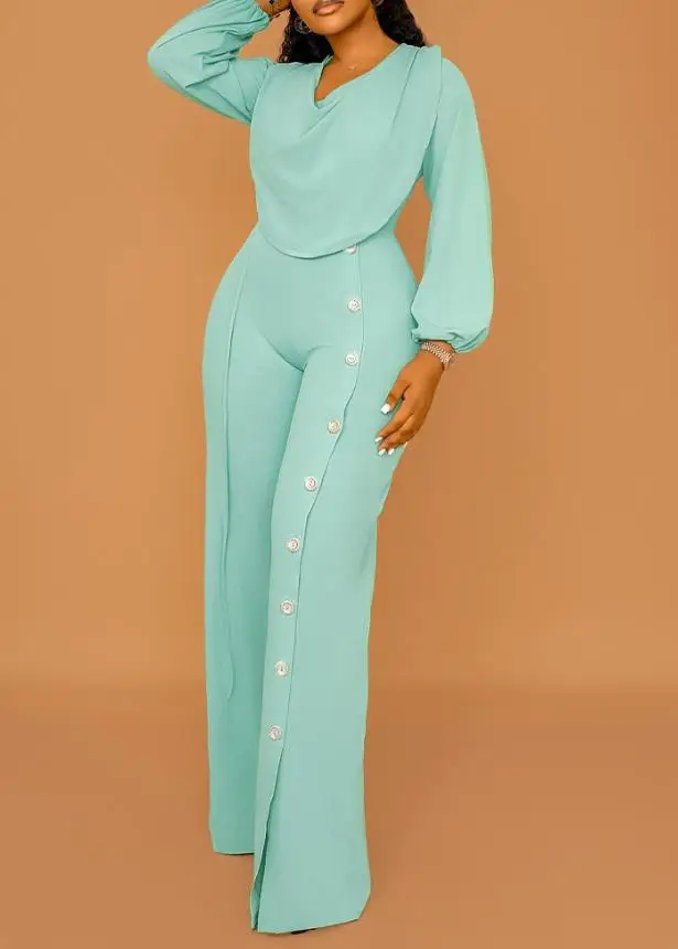 Fashionable Women's Jumpsuit 2025 Hot Selling Long Sleeve Cowl Neck Elegant Jumpsuit Casual Wide Leg Button Decor Slit Romper