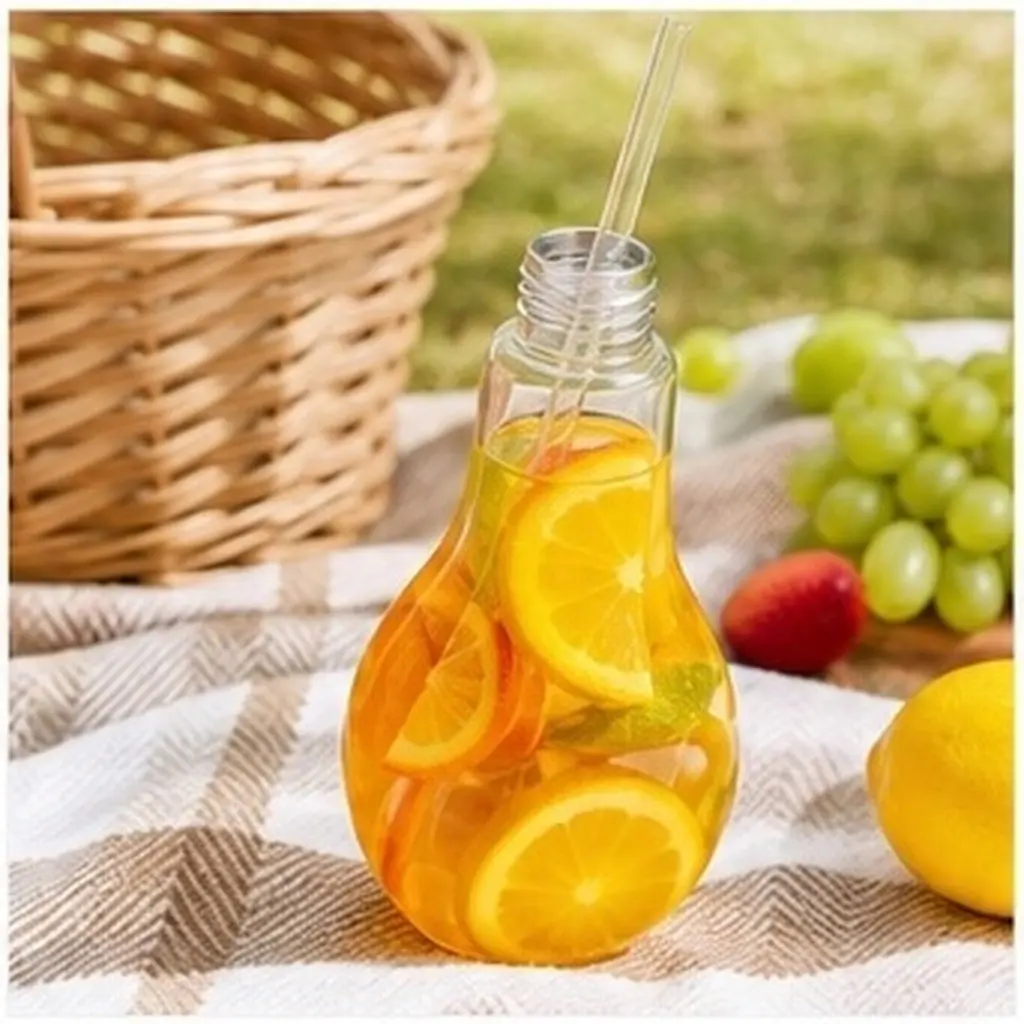 Bulb Bottle 500Ml Clear Glass Leak-Proof Cap Flat Base Reusable Straw Novelty Party Drinks Glasses Vase Decoration