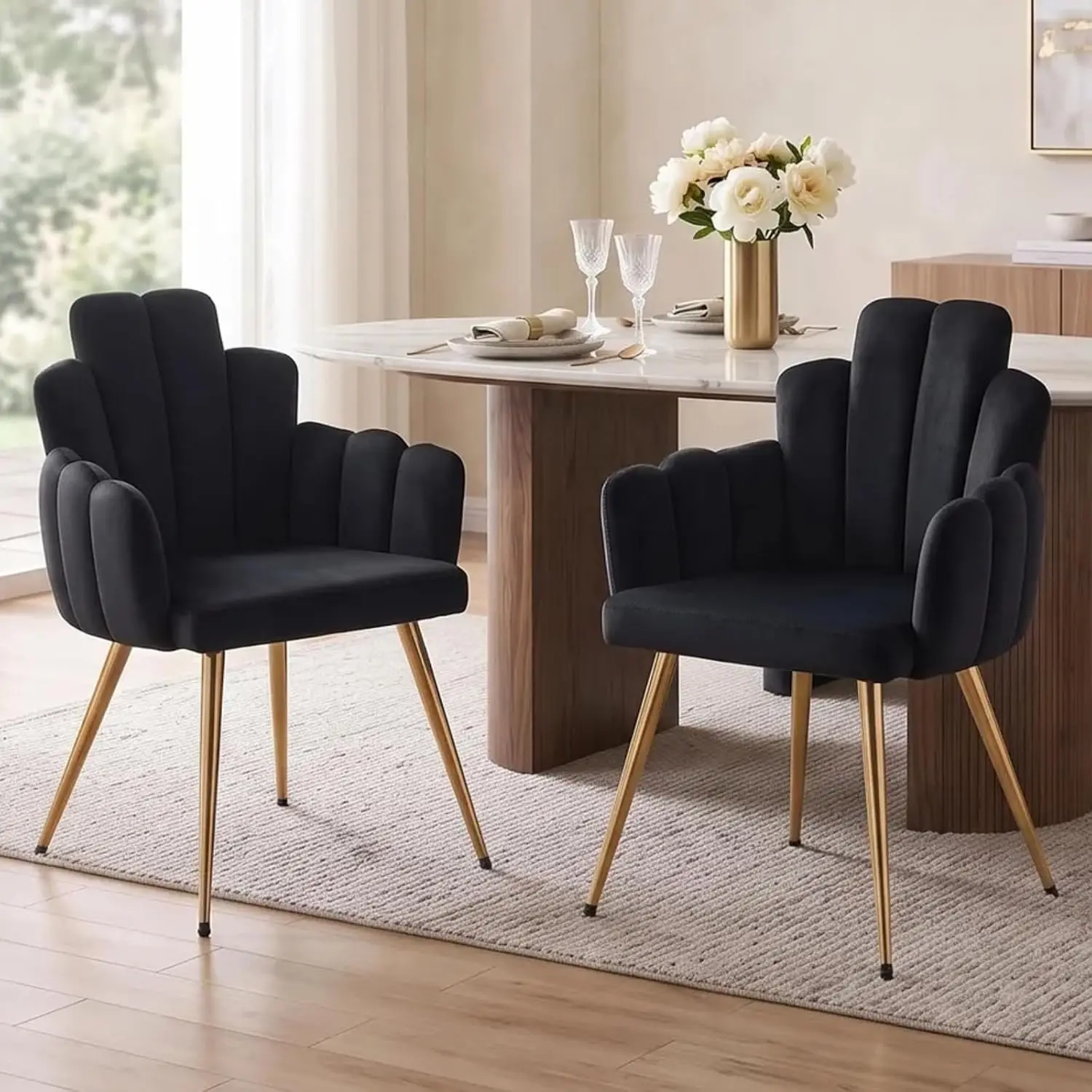 Sedie da pranzo Chairus, set da 2, sedie da cucina in velluto con gambe dorate, design unico a forma di conchiglia, schienale e braccioli confortevoli, gambe dorate eleganti, velluto delicato sulla