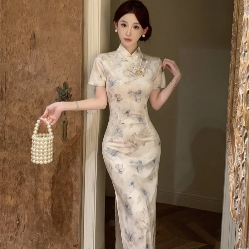 

Cold floral split cheongsam dress women's summer new waist and hip long skirt