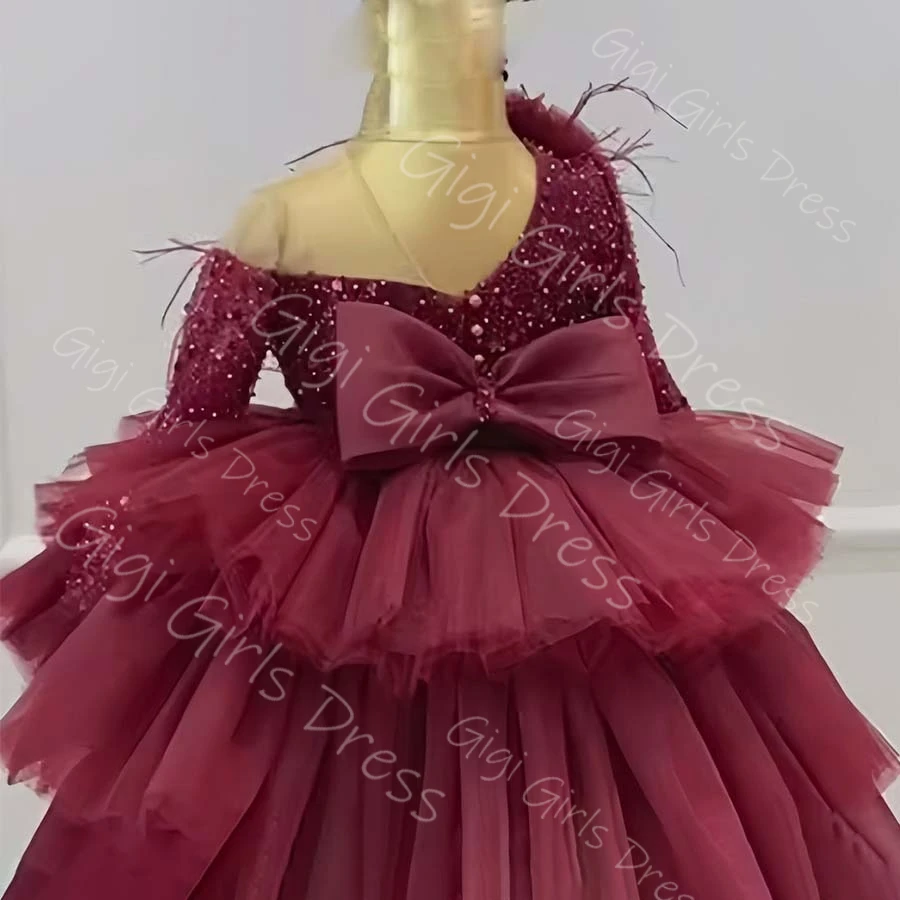 Abito da ragazza di fiore per bambini personalizzato maniche lunghe con paillettes in rilievo fiocco a strati abito da principessa in tulle abito da compleanno al ginocchio personalizzato