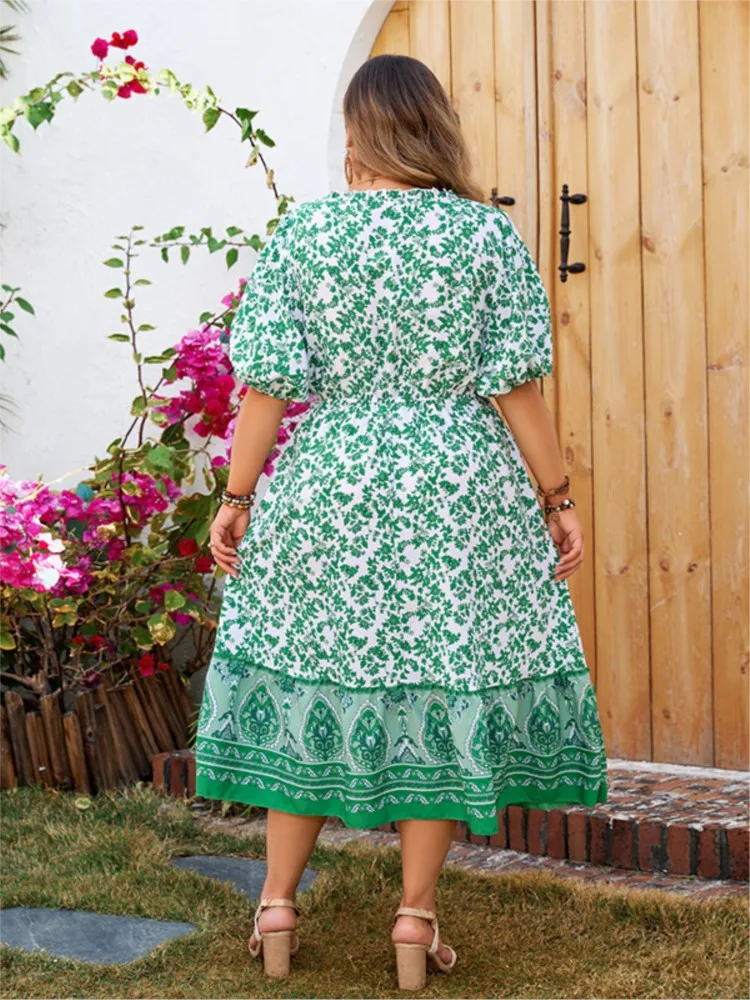 Vestido longo de verão para mulheres, tamanho grande, estampa de flores, listrado, solto, plissado, casual, linha a, moda