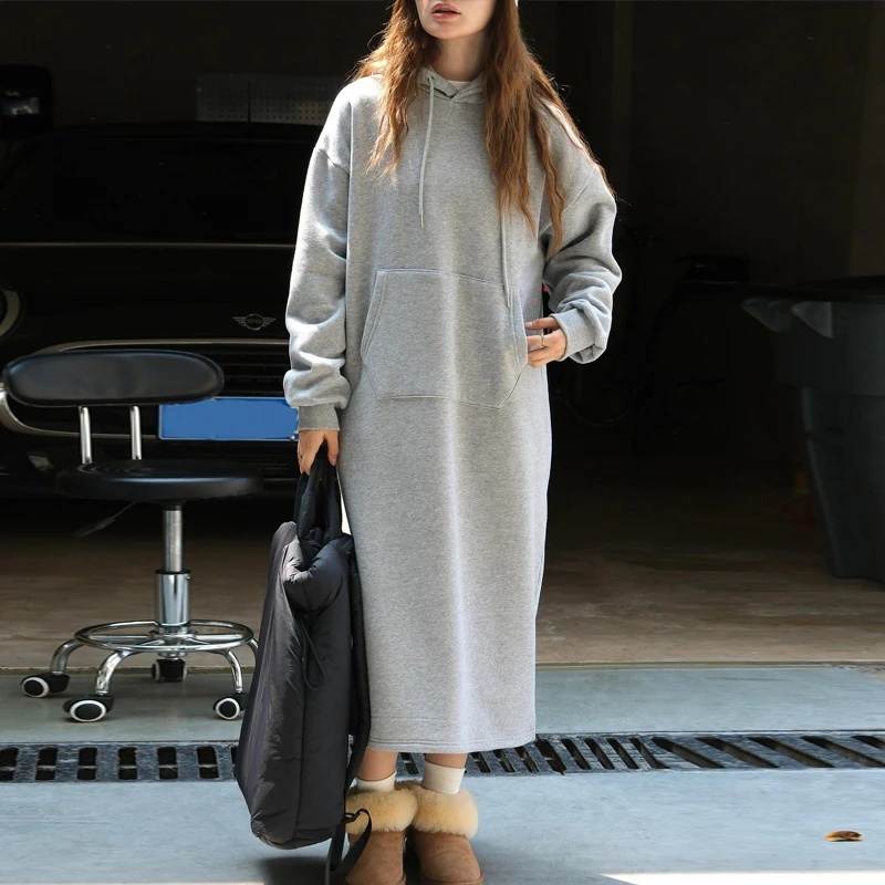 

Johnature Fall Winter 2024 New Korean Lazy Casual Fleece Hooded Sweatshirt Dress Casual Loose Women Thick Warm Dresses