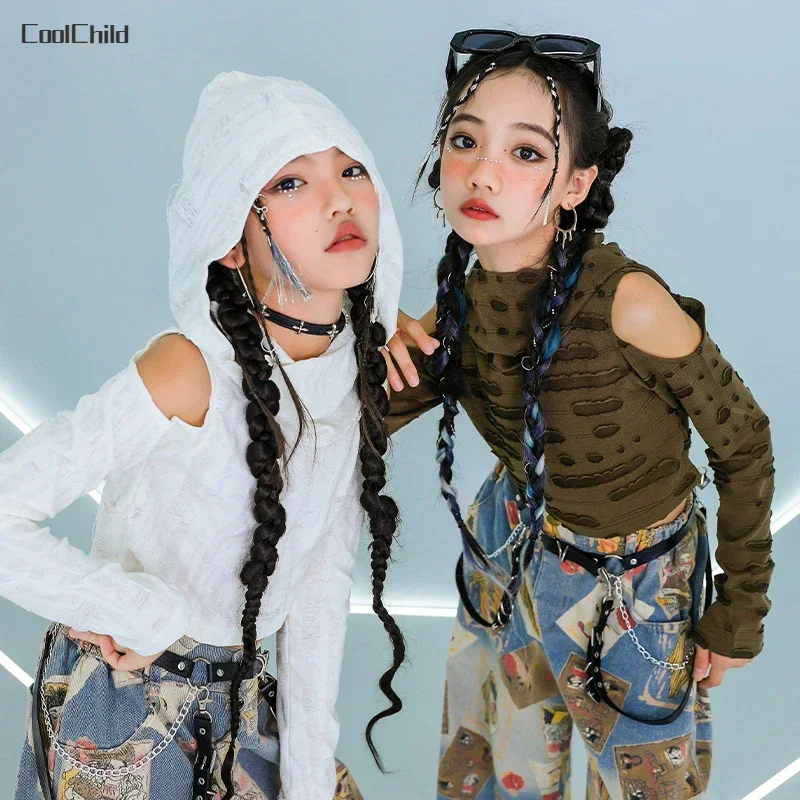 Girls Hip Hop Crop Ripped Off Shoulder Hoodies Poker Jeans Kids Denim Pants Street Dance Clothes Sets Children K-pop Costumes