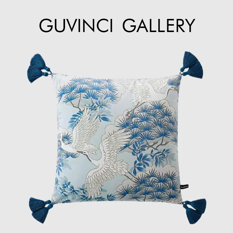 GUVINCI East Urban Home Floral Crane Luxury Throw Pillow Case Japanese Oriental Art Decorative Cushion Cover For Bed Sofa Couch