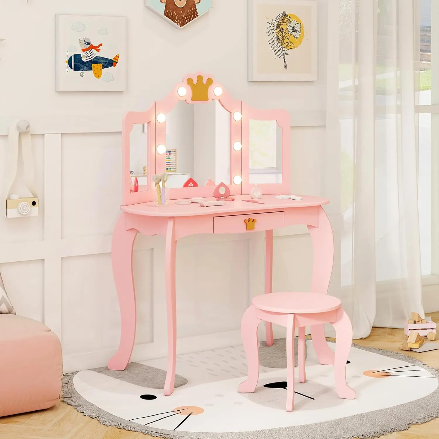 Vanité pour enfants avec lumières, ensemble table de maquillage et tabouret en bois rose pour filles, ensemble table et chaises de jeu de simulation
