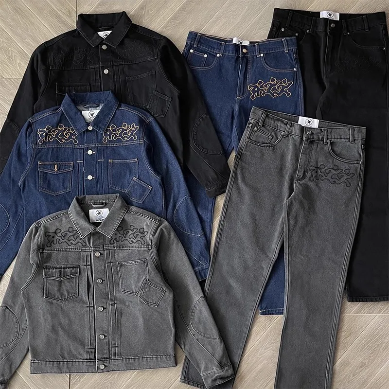 

Джинсовый комплект Project Capri с аварийной вышивкой, американский стиль, трендовая куртка High Street, джинсы, повседневная мужская и женская свободная повседневная одежда