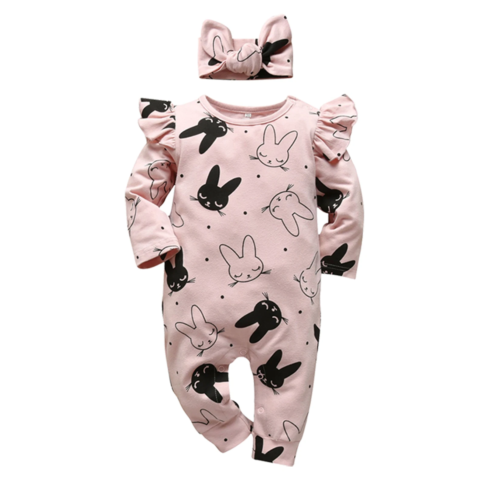 2Pcs Baby Girls Romper Cartoon Rabbit Pattern Cotton Long Sleeve Jumpsuit+Headband Outfits Set Newborn Infant Clothes