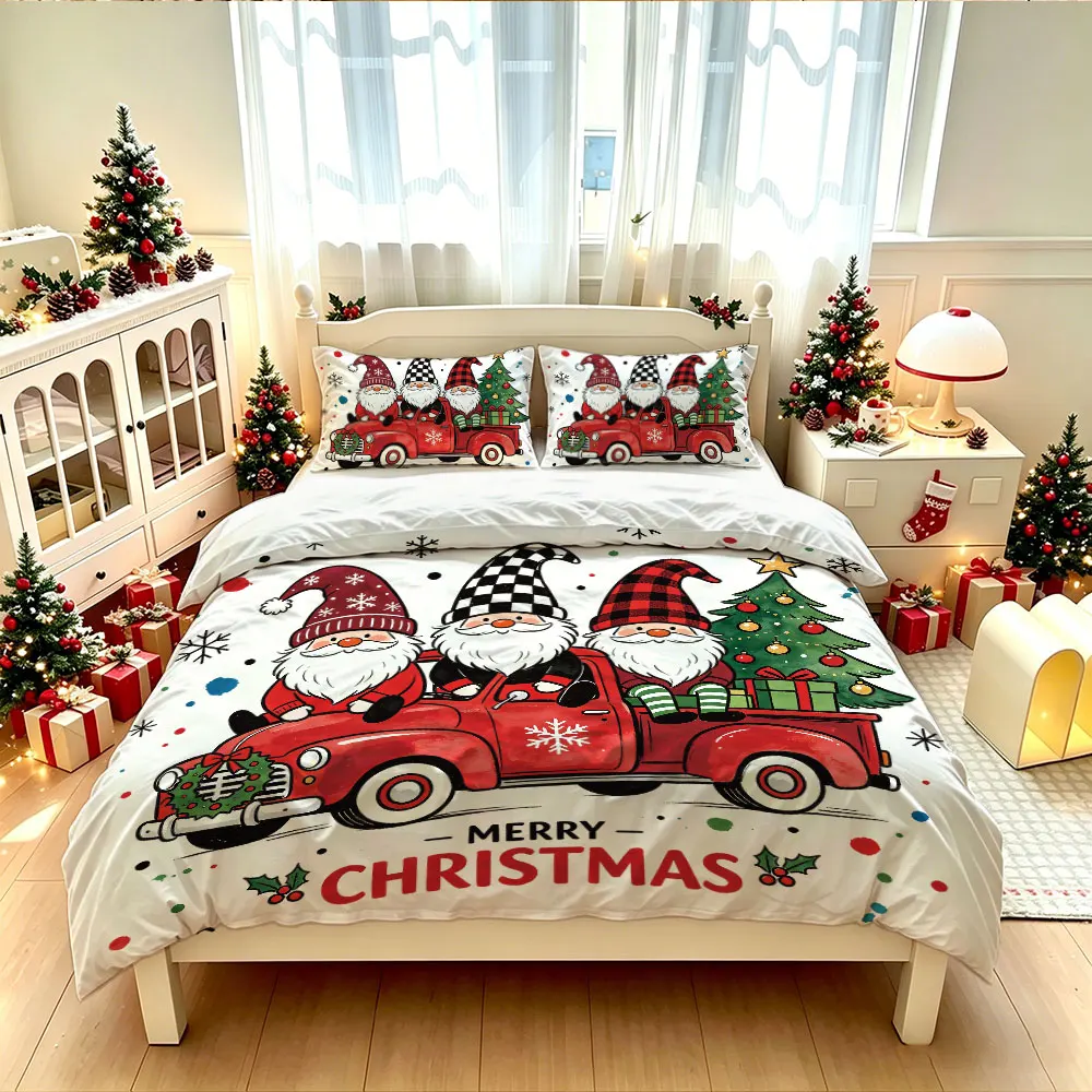 3 Pcs Christmas Duvet Cover Set Gnome Red Truck Christmas Tree Print Soft Bedding Set for Living Room Bedroom