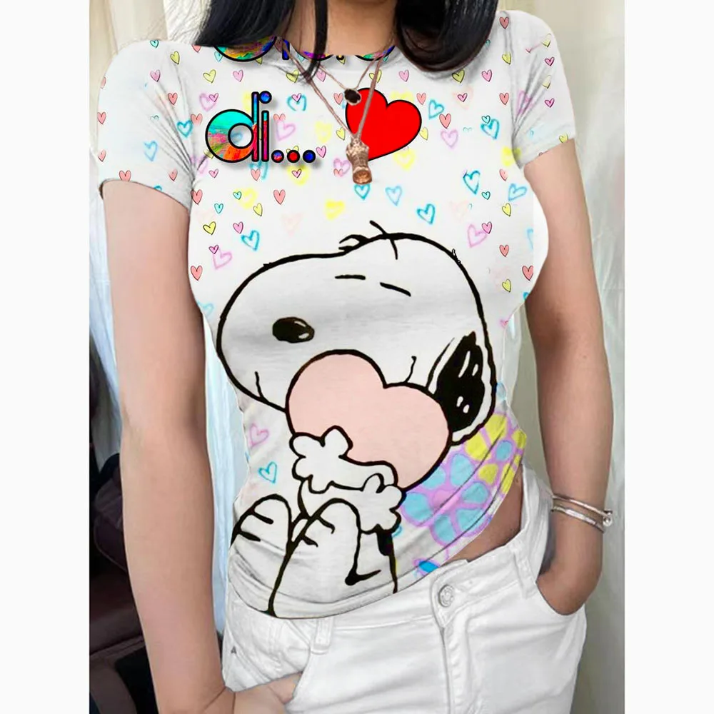 T-shirt slim fit a maniche corte da donna girocollo 202 casual Snoopy print top pullover basic T-shirt street wear Y2K stretto T-shi