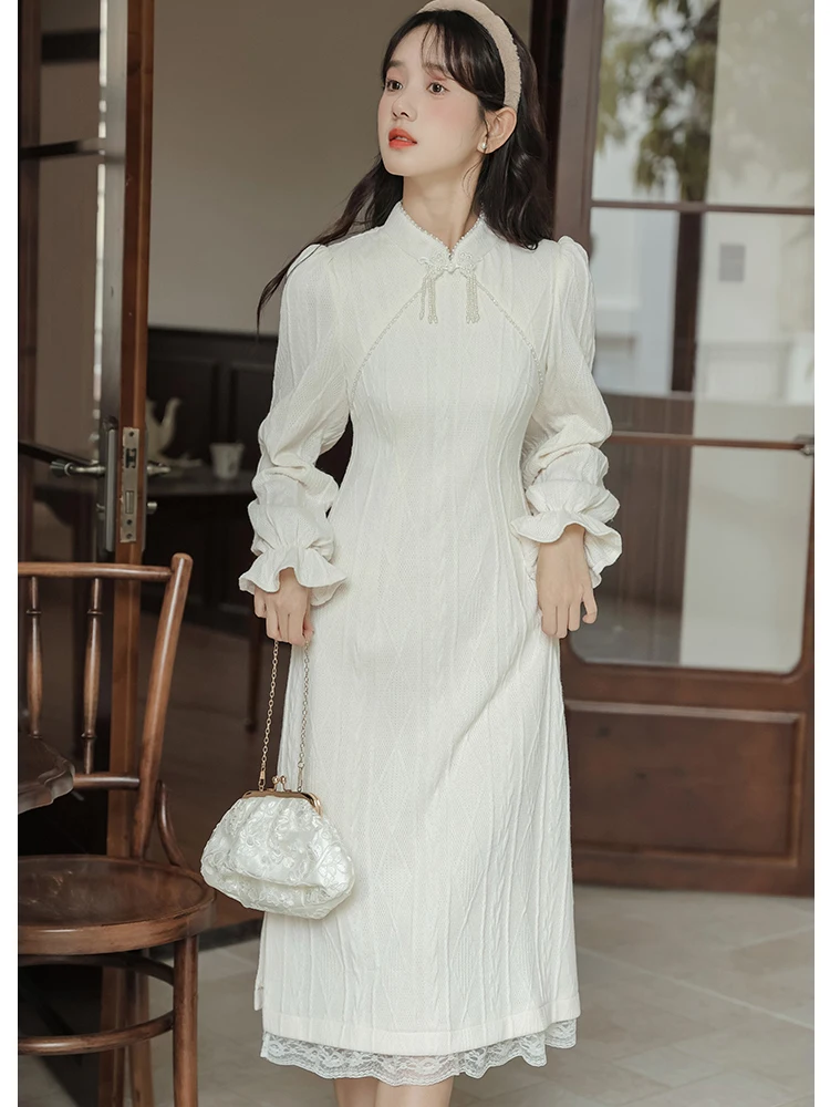 

2024 New White Knitted Jacquard Chic Lace Ruffled Long Dress Women Korean Vintage Cheongsam Dress Autumn Winter Elegant Vestidos