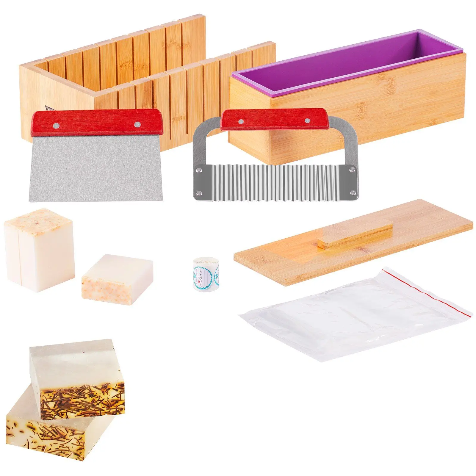 Adults DIY Soap Making Kit Bamboo Box Silicone Mold Stainless Steel Cutter 100 Bags 105 Stickers Soap Supplies