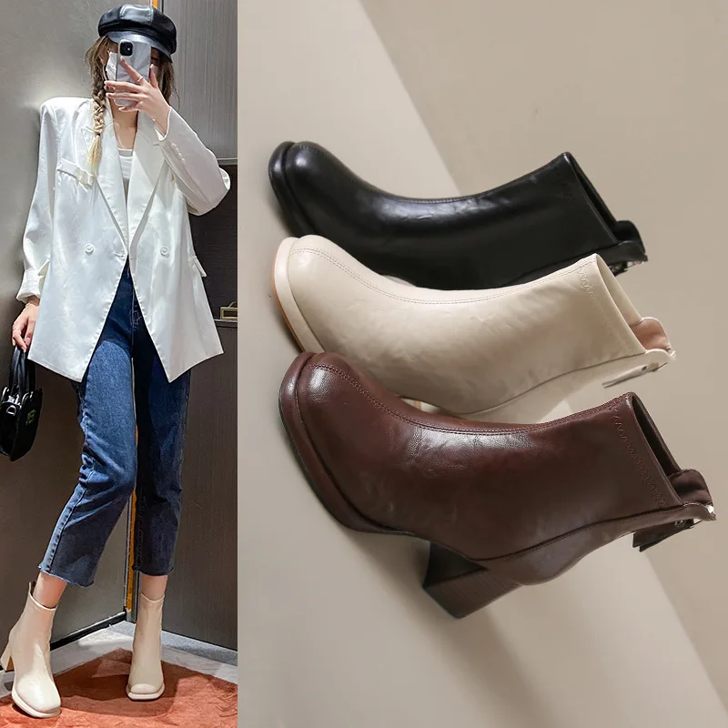 TSTCTB Women PU Leather Ankle Boots Square Toe Thick Mid Heels Zipper Short Boots Ladies Fashion Shoes Winter Coffee 40