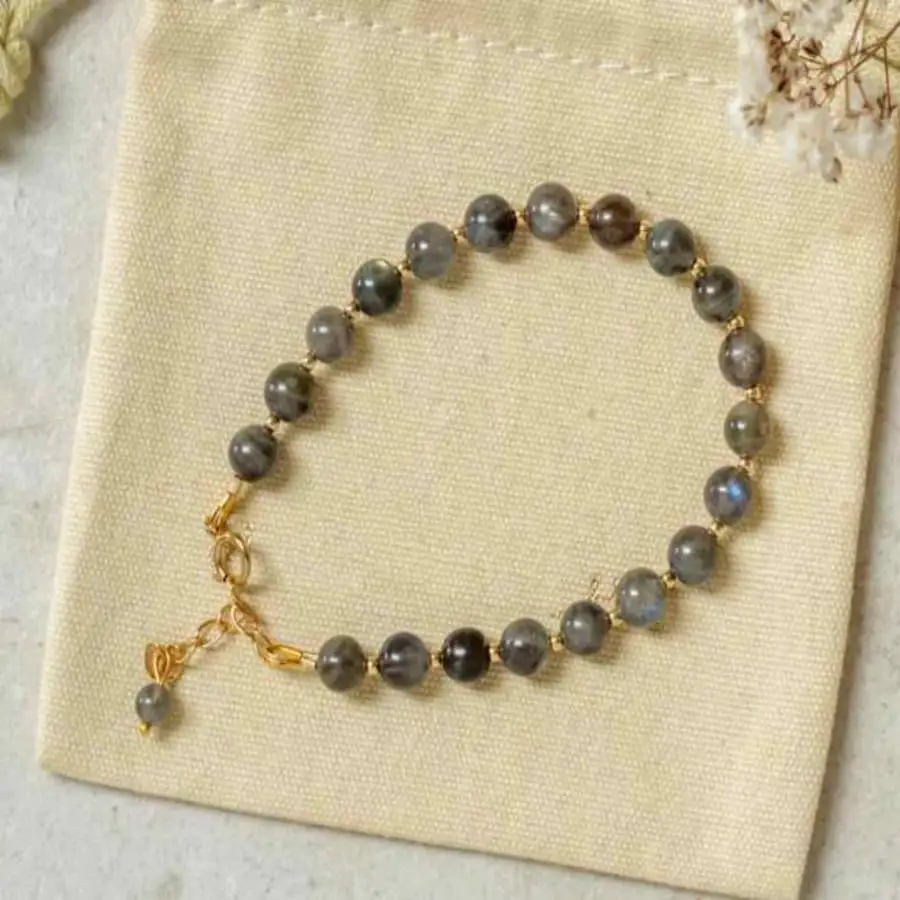 

Браслет из натурального лабрадорита с круглыми бусинами, золотистыми вставками, регулируемый, лечебный кристалл, 6 мм