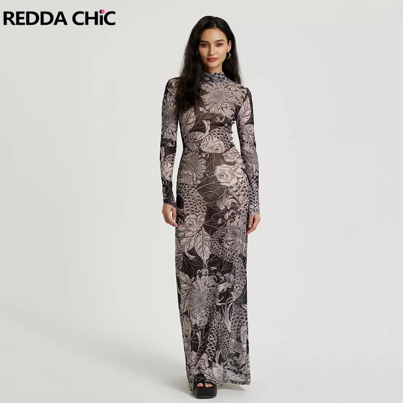 REDDACHiC โทเท็มรูปแบบชุดแม็กซี่สำหรับผู้หญิงแขนยาวคอเต่าตาข่ายยืดซีทรูบอดี้คอน Y2k ปาร์ตี้ชุดเทศกาล