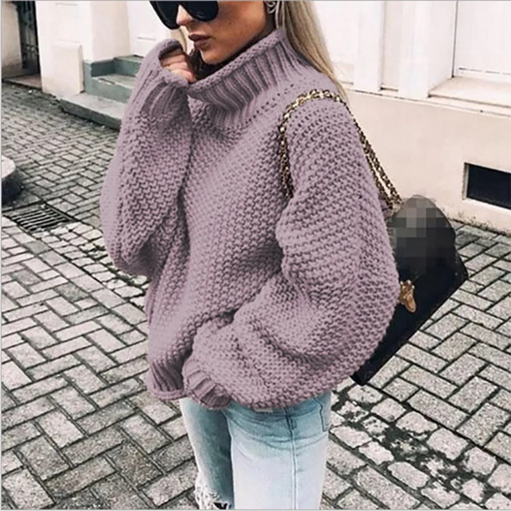 Autumn Winter Warm Knitted Sweater For Women Street Turtleneck Long Lantern Sleeves Knit Pullovers Tops Oversize Loose Sweater