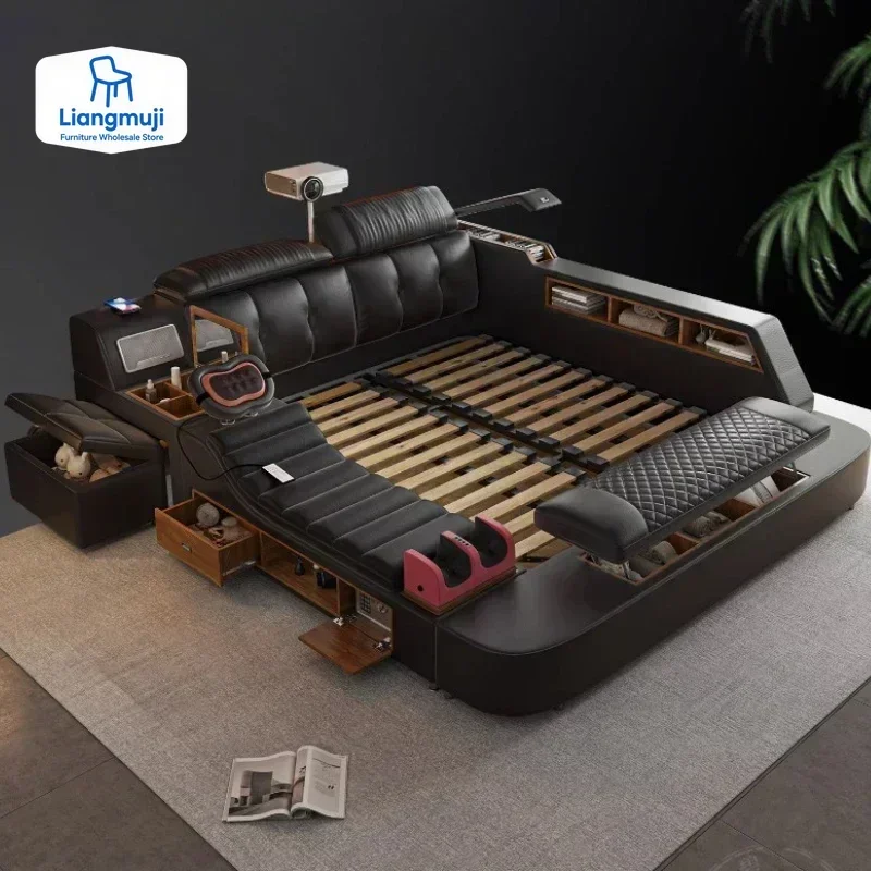 Ultimate Genuine Leather Bed With Massager, Safe, Speaker, Dresser And Projector For Bedroom Multifunctional Tech Smart Beds
