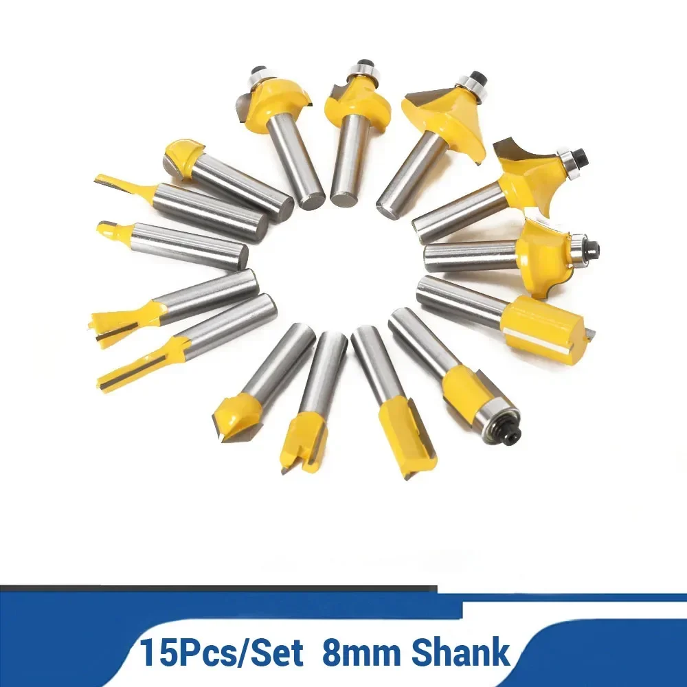 

15Pcs/Set Milling Cutter Set 8mm Shank Straight Milling Cutter Tungsten Carbide Cutting Woodworking Trimming Woodworking Tool