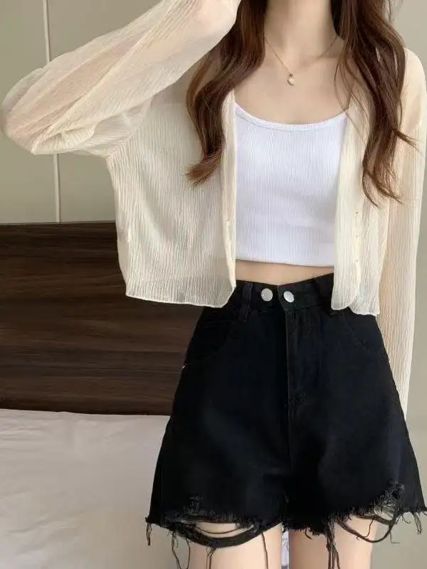 เสื้อคลุมไหมน้ำแข็งถักน้ำหนักเบา ป้องกันแสงแดด สำหรับผู้หญิง ใส่คลุมในฤดูร้อน ระบายอากาศดี แต่งลูกไม้ คอวี สีพื้น