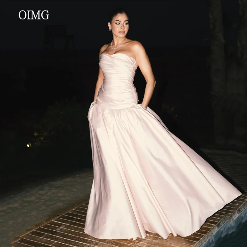 

OIMG Modern Pink Strapless A Line Prom Gowns Satin Backless Formal Party Gown Floor Length Evening Dress Customized