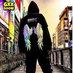 Mens Hoodies 2023 Spring Hip Hop Streetwear Harajuku Reflective Wing Printing Pullover Fashion Hooded Sweatshirt Male Clothing