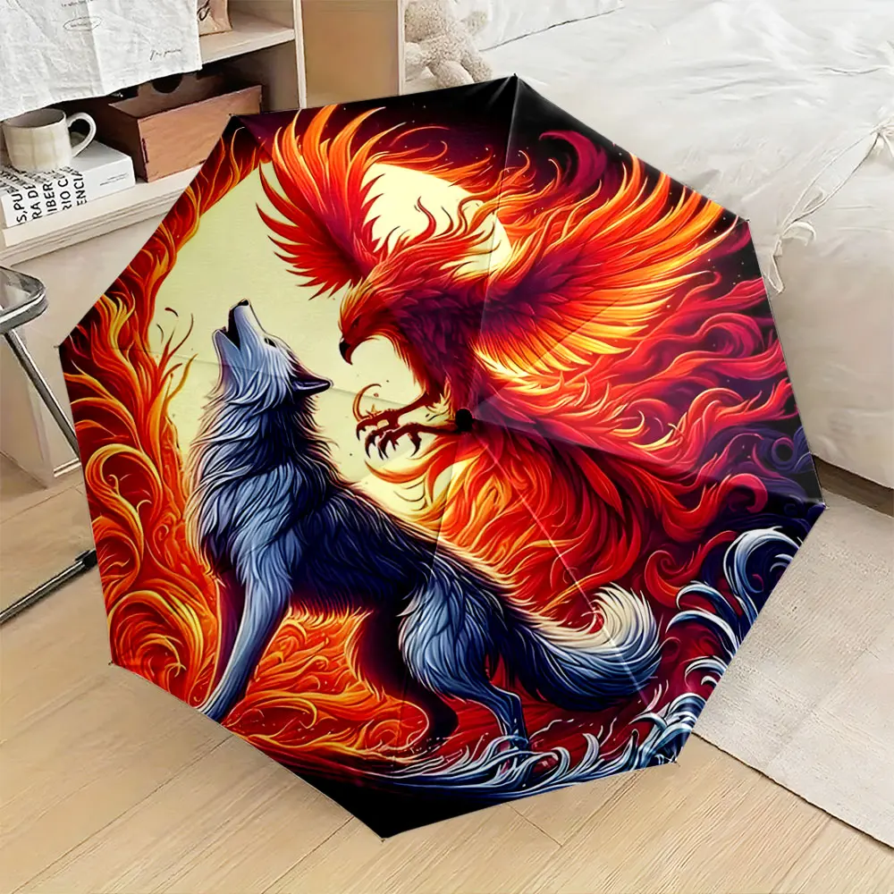 1PC Fiery Phoenix and Majestic Wolf Umbrella Design Print 8 Iron Ribs Folding Umbrella Auto-Open Fashion Sunshade