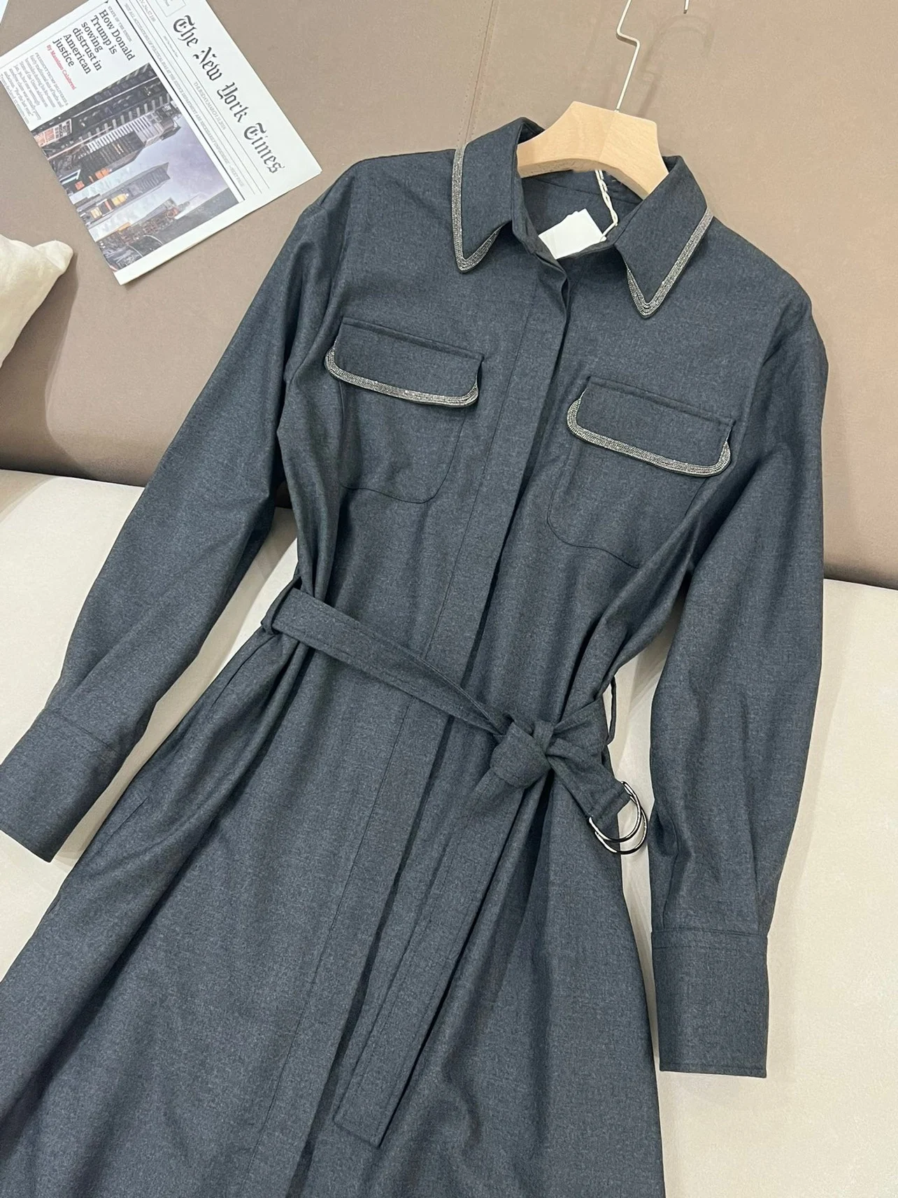 Vestido com camisa de lã feminino, vintage, elegante, cintura alta, saia longa, cinza feminino, corrente de conta, B * C, primavera, outono