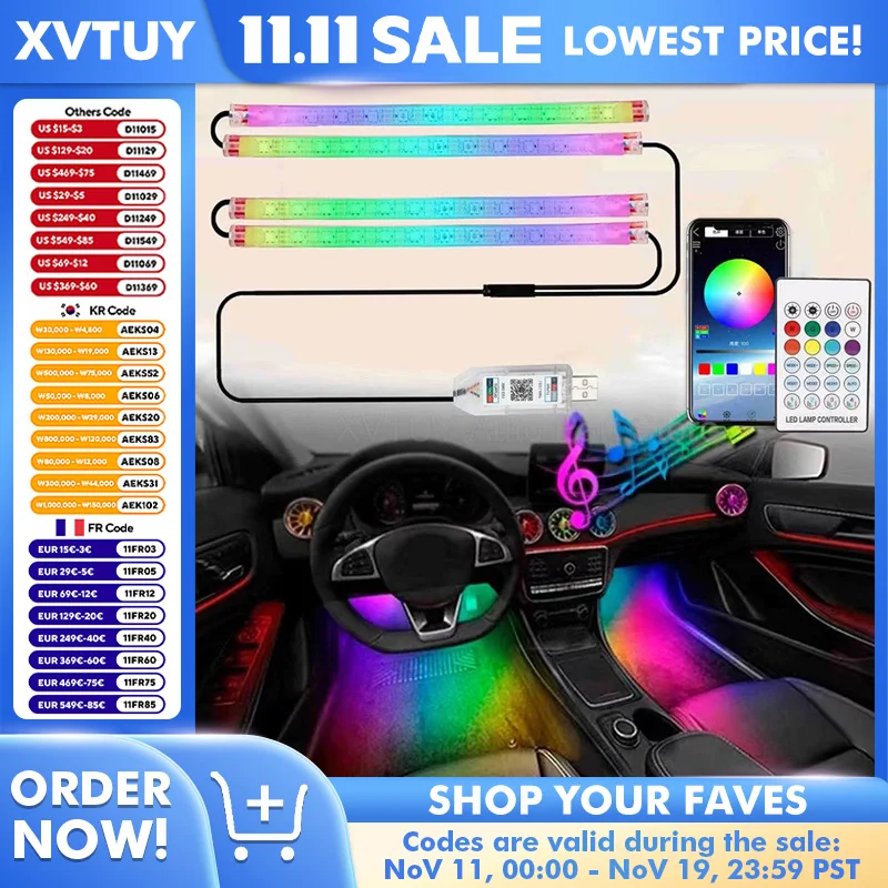 

RGB Flow светодиодный автомобильный светильник для ног с питанием от USB, красочный дыхательный звуковой активированный стробоскоп для внутренней декоративной полосы