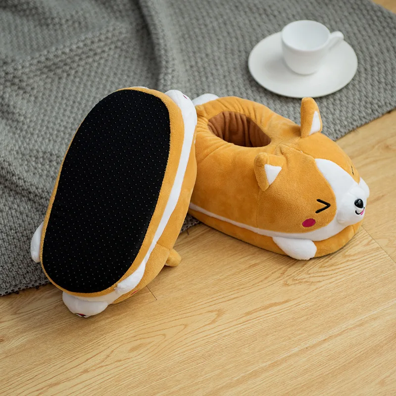 Lovely Corgi Dog Slippers Cartoon Cute Double Shiba Inu Warm Plush Slippers Home Slip Cotton Pad Shoes One Size Women Shoes