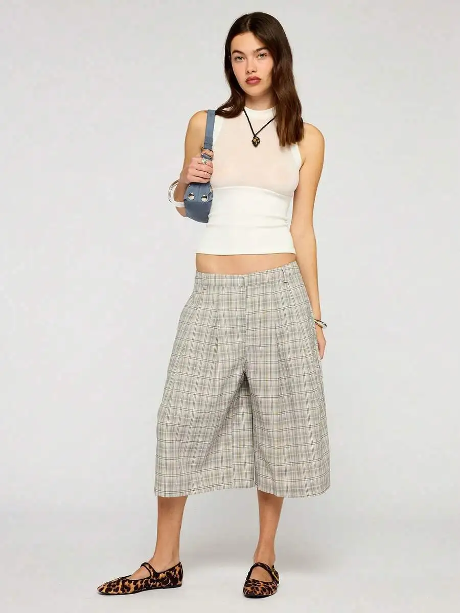 

Oversized Plaid Wide Leg Shorts For Women Casual Summer Vacation Outfit