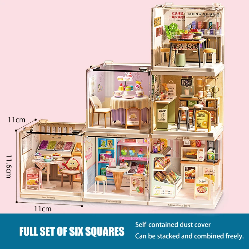 Creative DIY House Mininatures Scene Assemble Model Kit with Dust Cover Dessert Ice Cream Shop Mini DollHouse Models Toys Gifts