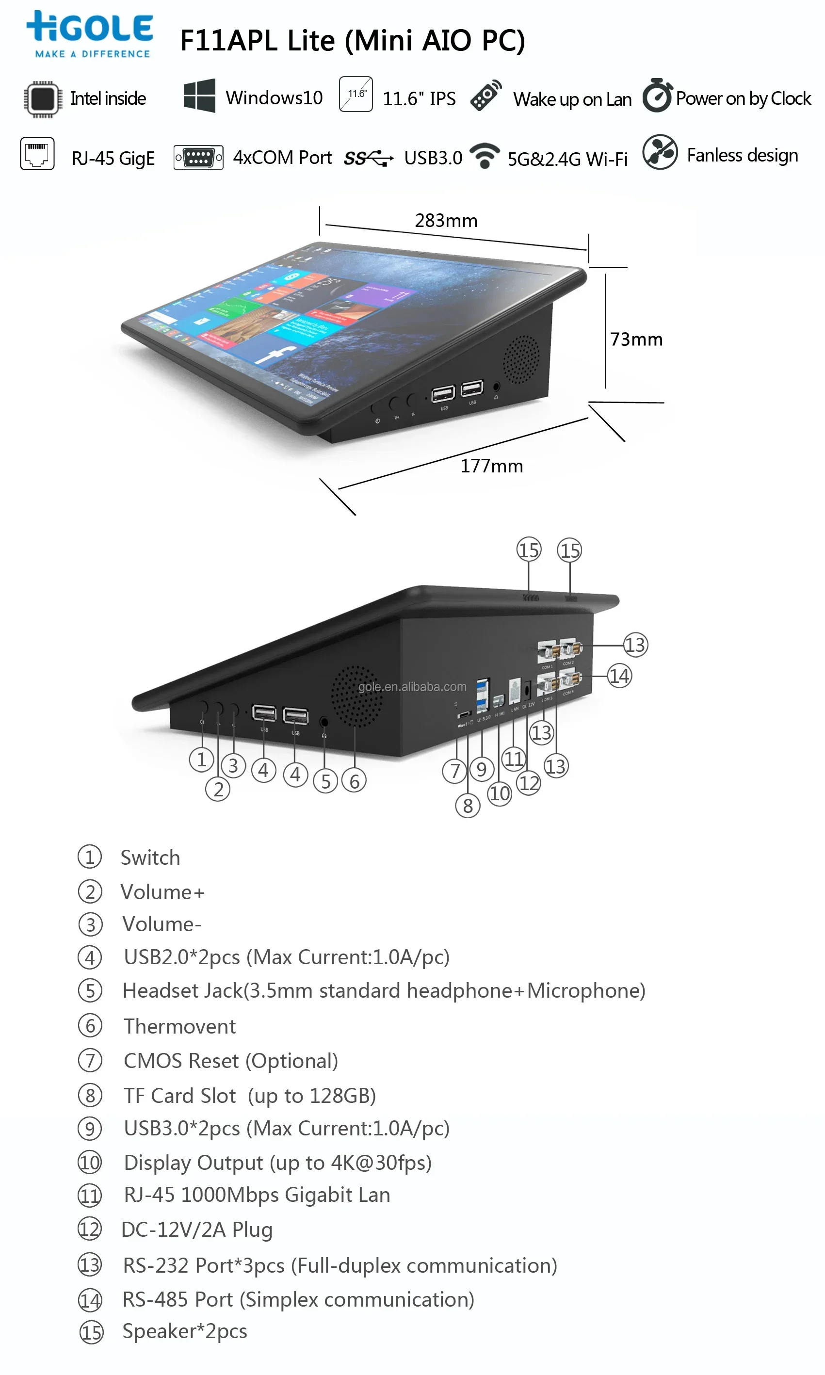 11.6 inch RS232 Fanless Tablet Industriale All in One PC Touchscreen Windows 10 Mini PC