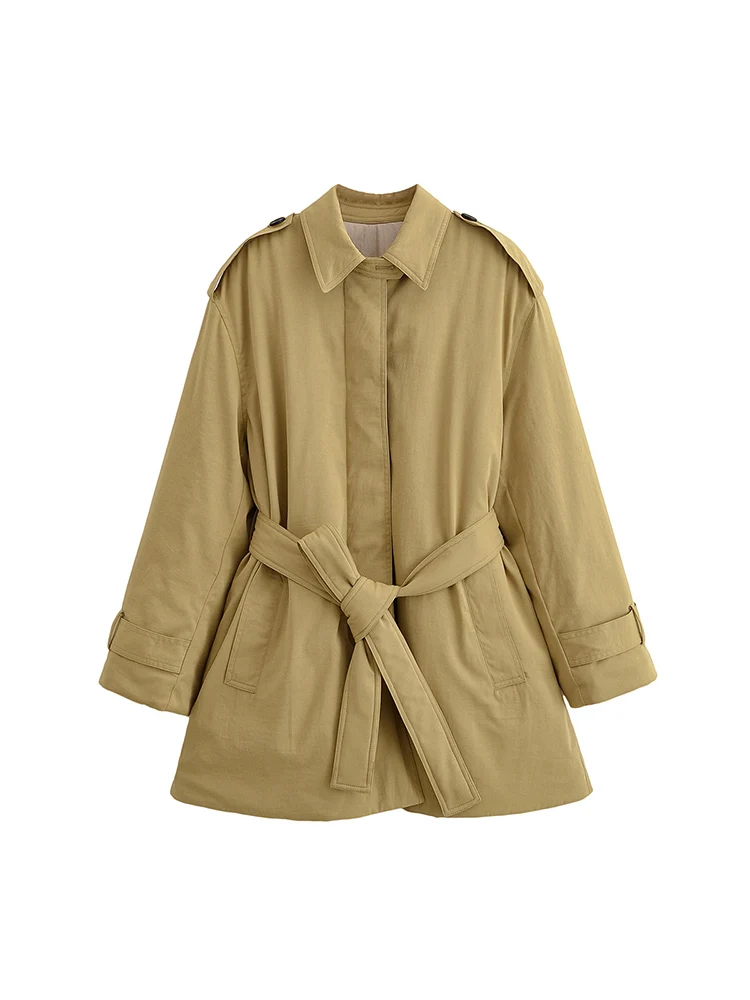 European style new women's fashion versatile temperament solid color lapel long sleeve belt cotton coat