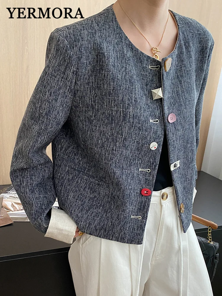 

YERMORA Gray Texture Irregular Button Brief Casual Jacket O-neck Long Sleeve Loose New Coat Fashion Tide Spring Autumn 2025