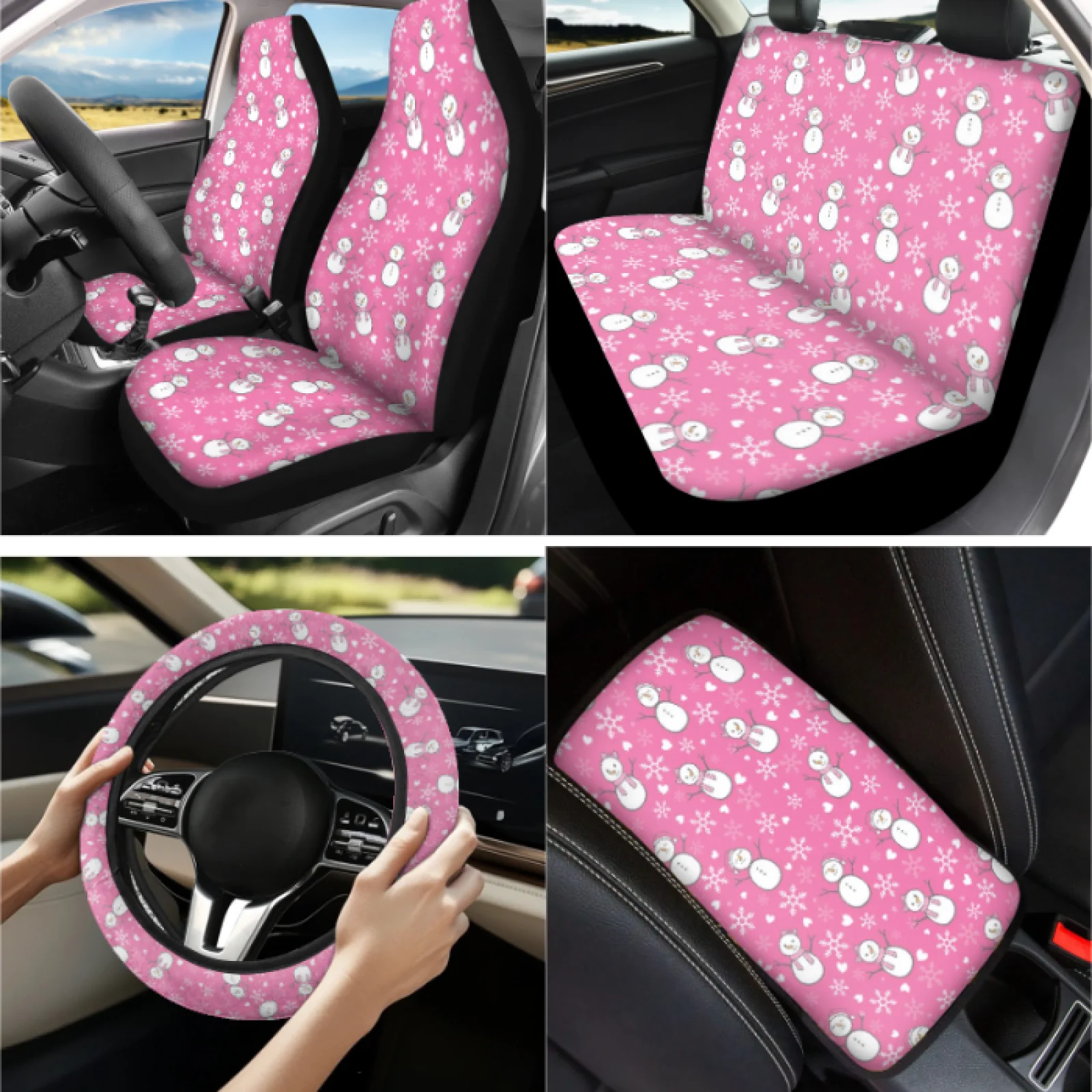 Coloranimal Pink Snowman Pattern 13 PCS Car Seat Cover Set with Durable Lip Balm Pouch and Car Armrest Box Pad for Trucks